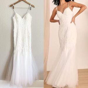 Flawed Dream Romance White Beaded Tulle Trumpet Maxi Dress
